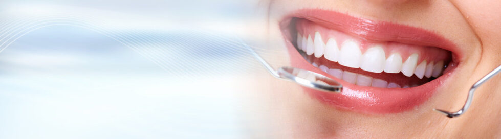Dentist tools and healthy white teeth. Dental health